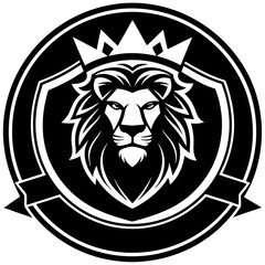 Obraz premium Majestic Lion Badge Vector - Golden Mane Clipart, Line Art & Cartoon Illustration, Majestic lion badge vector with golden mane, perfect for clipart, line art, and cartoon designs.