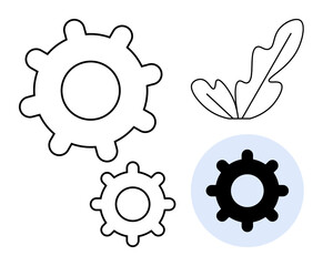 Two open gears, one solid gear, and an outlined leaf. Ideal for themes of technology, ecology, balance, innovation, industry sustainability and minimalism. Abstract line flat metaphor