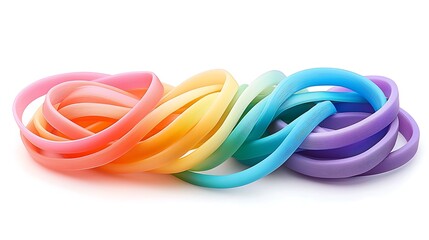 Colorful Rubber Bands Twisting and Intertwining in a Palette of Rainbow Pastel Hues on a White Background
