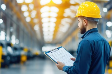 A worker in a safety helmet reviews a checklist in a modern industrial setting, illustrating safety and quality control practices.