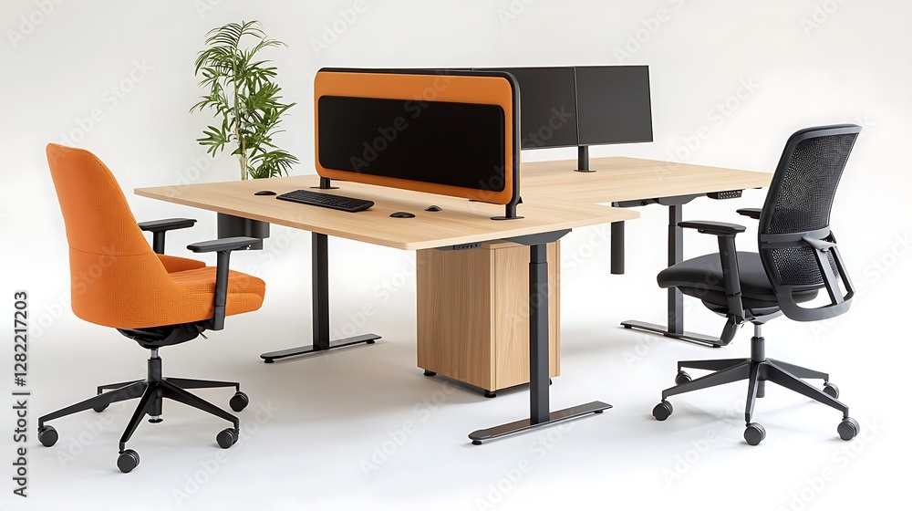 Poster comfortable office setup with modern desk chairs and computer screens for enhanced productivity and 