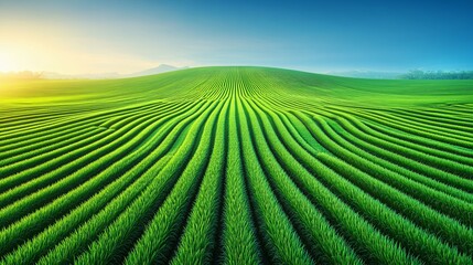 An expansive field of green crops under a blue sky and sunshine