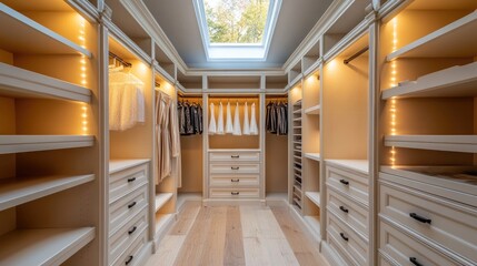 Luxury Walk-in Closet with Cream Cabinets, Warm Lighting, and Skylight