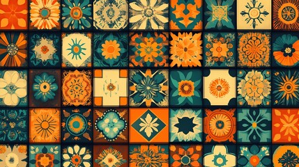 Colorful floral tile wall background, retro design for various uses