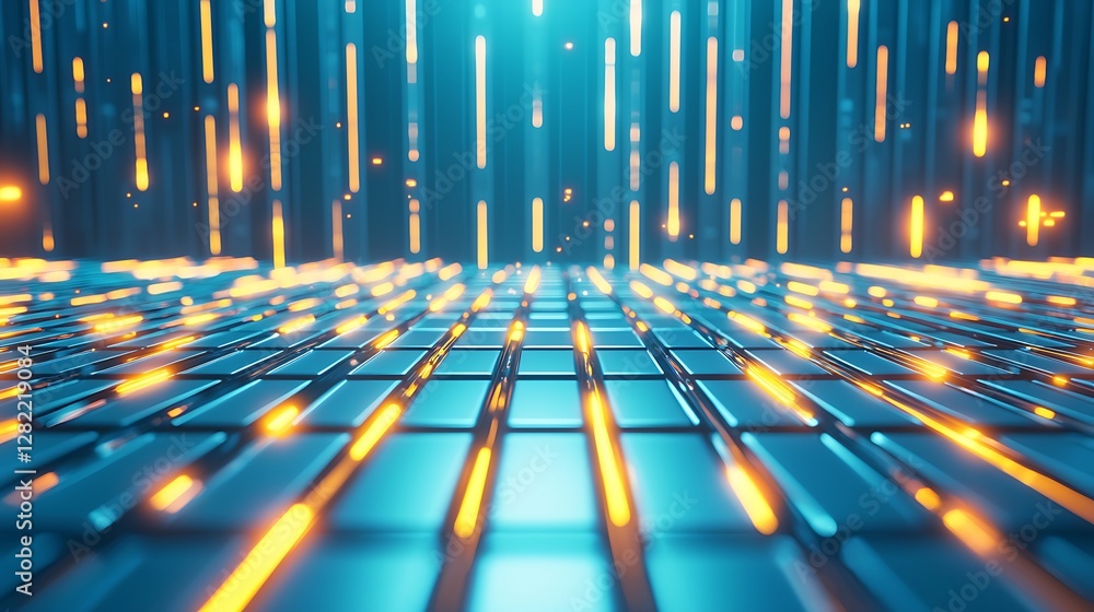 Poster dazzling array of digital matrix with futuristic grid of lights and reflections in azure and gold pa