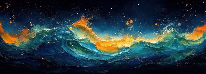 Obraz premium Vibrant Abstract Digital Painting with Dynamic Blue Green Orange Splashes and High Contrast Texture Background