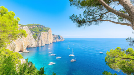   top of a rocky cliff, overlooking a vibrant blue ocean. A sense of freedom and adventure fills the air in this beautiful nature scene.