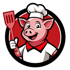  Pig Chef Cartoon with Toque and Spatula – Vector, Clipart, Line Art Illustration,  Cute pig chef with a toque and spatula – vector, clipart, and line art for digital designs.