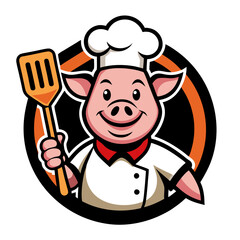  Pig Chef Cartoon with Toque and Spatula – Vector, Clipart, Line Art Illustration,  Cute pig chef with a toque and spatula – vector, clipart, and line art for digital designs.