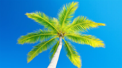 A vibrant green palm tree stands tall against a stunning clear blue sky, with the gentle ocean waves visible in the distance, creating a tropical beach atmosphere.