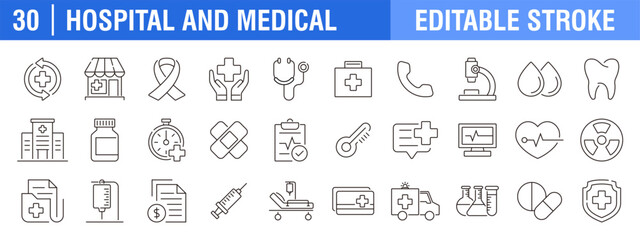Collection of hospital and medical icons. Treatment, doctor, care. Vector design template, signs, symbols, editable stroke.