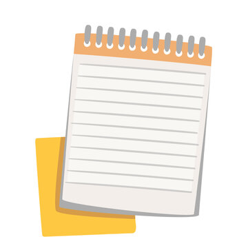 Paper cartoon notepad with binder. Diary or notebook with rings binding white rectangular empty pages and yellow square sheet for notes. Stationery mascot, cartoon cute vector illustration