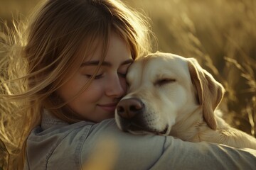 Young Woman Embracing Yellow Labrador Retriever in Serene Outdoor Setting