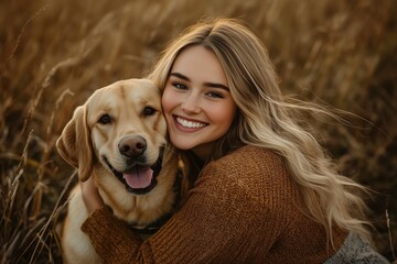 Happy Woman Hugging Her Yellow Labrador in the Autumn Countryside