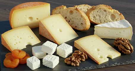 Fototapeta premium Gourmet cheese platter with bread and nuts