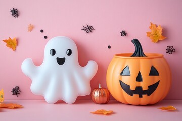Halloween Fun with Cute Ghosts Pumpkin Bucket Candy Decorations and Playful Bats on Pink Background