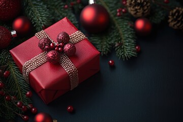 Christmas Flat Lay with Wrapped Gift, Pine Branches, Red Ornaments and Candy Canes on Dark Background