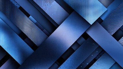 Dynamic abstract design featuring overlapping strips of various blue fabrics with different textures Background 