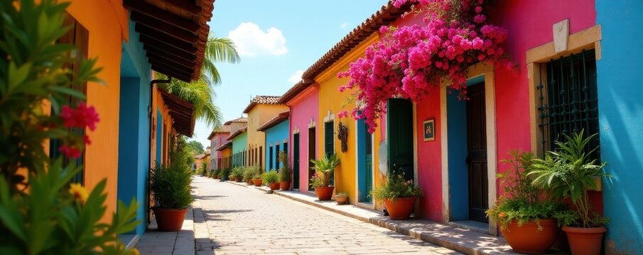 Colorful colonial architecture with vibrant flowers , san miguel, parroquia
