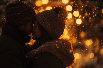 Romantic Couple Embracing Outdoors Amid Warm Golden Lights and Falling Snow