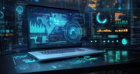 Futuristic Digital Workspace with Holographic Data Projections for Financial Analysis and Performance Management