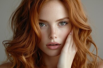 Close-Up Portrait of a Woman with Wavy Red Hair and Freckles
