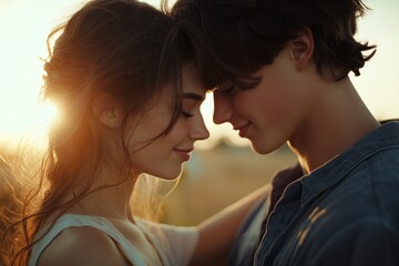 Romantic Young Couple Embracing at Sunset in a Serene Field