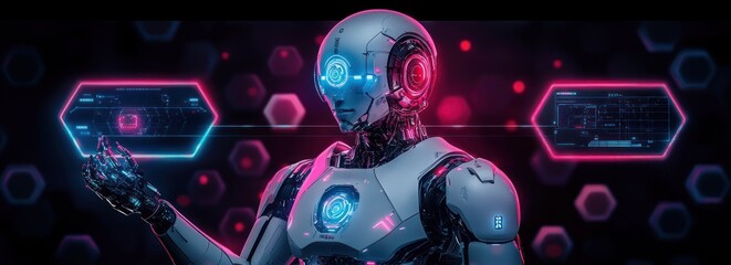 Futuristic Robot Interaction with Digital Interface in Cyberpunk Technology GameFi and DeFi Ecosystem