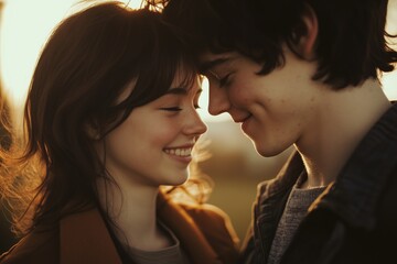 Romantic Moment of a Young Couple Embracing During a Sunset