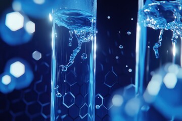 Blue liquid swirling in glass tubes against a hexagonal background.