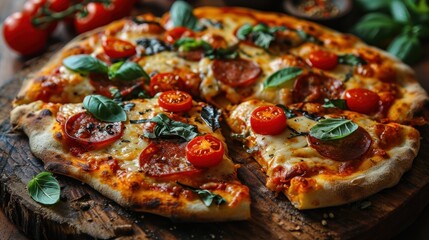 Pizza. Neapolitan Pizza. Authentic Italian Wood-Fired Pizza with Thin Crust, Fresh Tomato Sauce, Mozzarella Cheese, and Basil, Traditional Neapolitan Pizza Isolated on a Background with Copy Space.