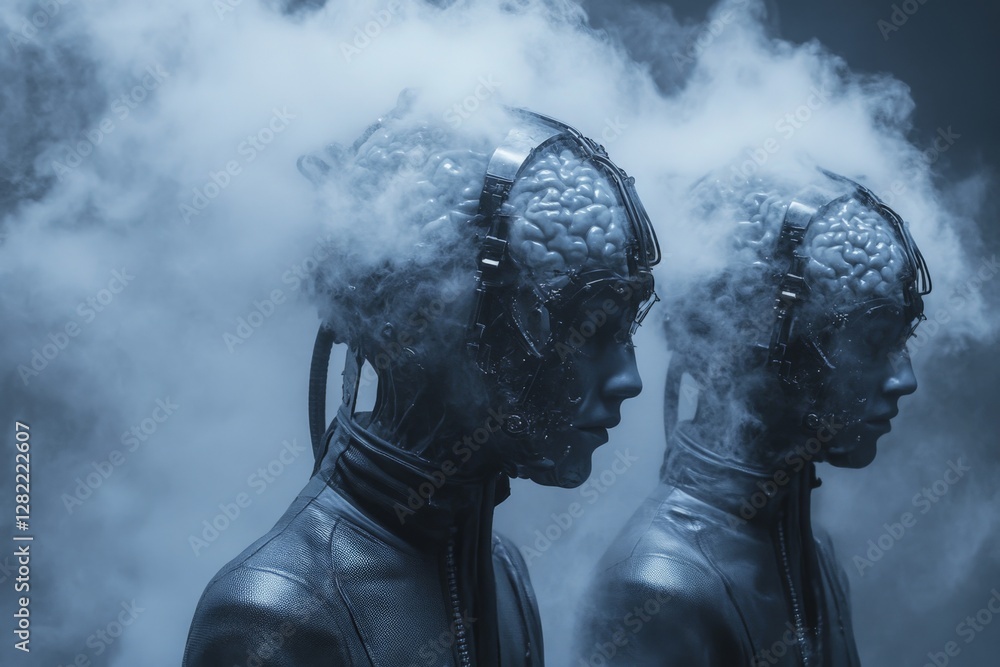 Aufkleber robotic figures with exposed brains and smoke creating a futuristic atmosphere in a dark environment