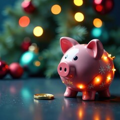 Decorated piggy bank with Christmas lights and ornaments, holiday decor, savings