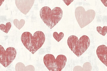 Seamless Pattern of Stamped Red Hearts on Textured Background