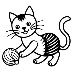 Playful Tabby Cat with Yarn Ball - Vector Illustration, Cartoon, Clipart & Line Art, Playful tabby cat batting a yarn ball – vector, cartoon, clipart, and line art design for digital use.