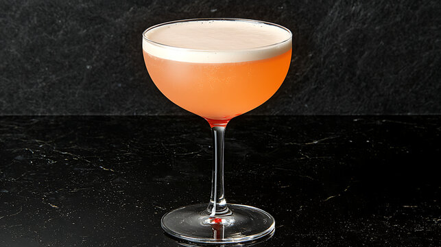 Elegant cocktail in a coupe glass resting on a dark marble surface, showcasing vibrant color and foam topping