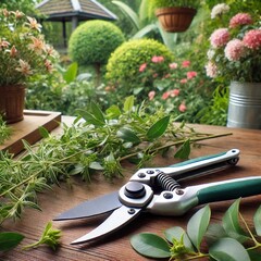 "Garden Pruning Scene with Shears and Greenery