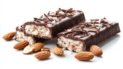 Almond joy bars with coconut, almonds, and chocolate isolated on white background.