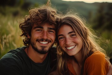 Smiling Young Couple Enjoying Nature in Warm Evening Light