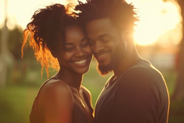 Smiling Couple Embracing Outdoors During a Golden Sunset in a Park