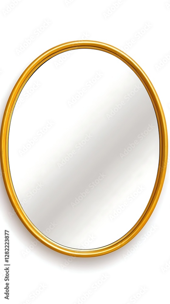 Poster elegant oval mirror with a luxurious golden frame displaying a reflective surface on pure white back