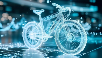 Digital rendering showcases electric bicycle design in a futuristic urban setting with glowing details