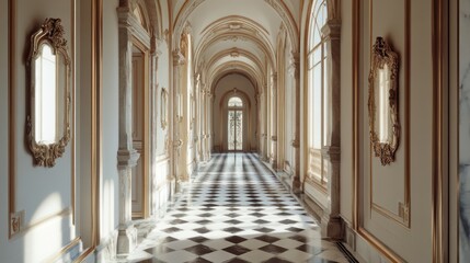 Sunlit Palace Hallway: Checkerboard Floor, Ornate Mirrors, and Gilded Archways