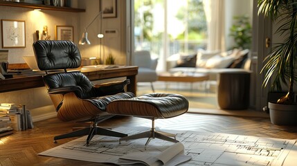 Home office with blueprints on floor, lounge area in background