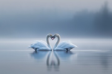 Two Graceful Swans Creating a Heart-Like Shape in Misty Waters