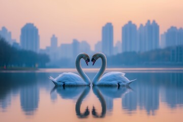 Two Swans on a Tranquil Lake with a Cityscape Background at Sunset