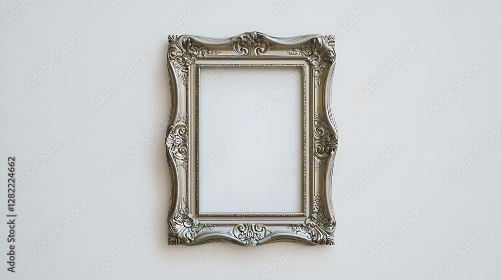 Poster elegant silver ornate frame on white backdrop displaying blank canvas ready for artistic creation
