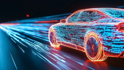 Digital car racing down a futuristic highway with glowing data trails at night