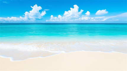 Fototapeta premium A serene beach landscape with bright blue skies, fluffy clouds, and crystal-clear turquoise water, evoking relaxation and the perfect holiday escape.