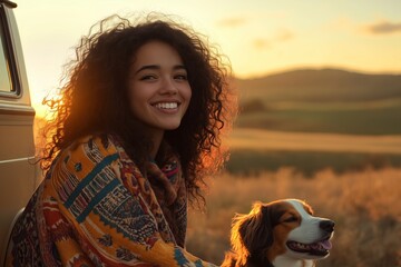 Young Woman Smiling With Dog in Scenic Sunset Landscape